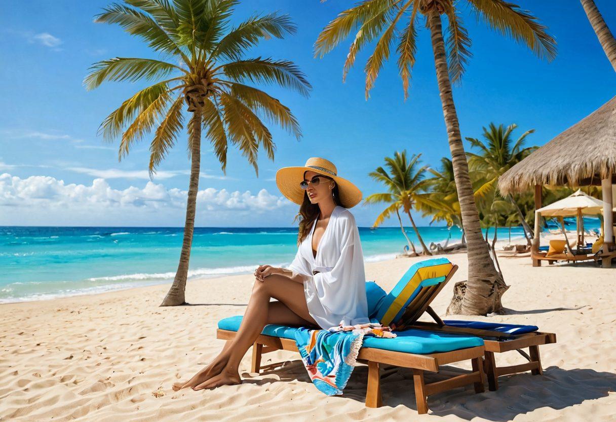 A stylish beach scene showcasing a variety of luxurious beachwear, featuring elegant swimsuits, flowing cover-ups, and chic accessories. In the background, a vibrant beach with golden sands, luxurious resorts, and crystal-clear waters adds a tranquil ambiance. Include sun loungers with colorful beach towels, palm trees swaying gently in the breeze, and beachgoers enjoying their time. The overall scene should evoke a sense of elegance and relaxation. super-realistic. vibrant colors. 3D.
